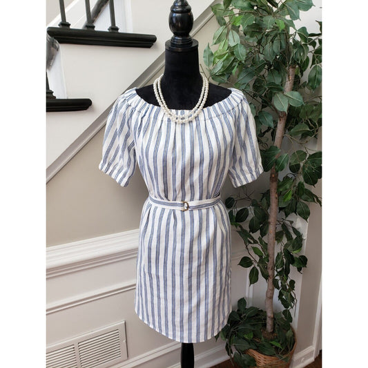 Michael Kors Women's White Striped Linen Off Shoulder Short Sleeve Mini Dress S
