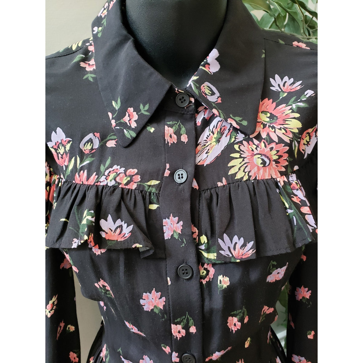 Jill Stuart Shirt Dress Women XS Black Floral Ruffle Pleated Collar Button Front