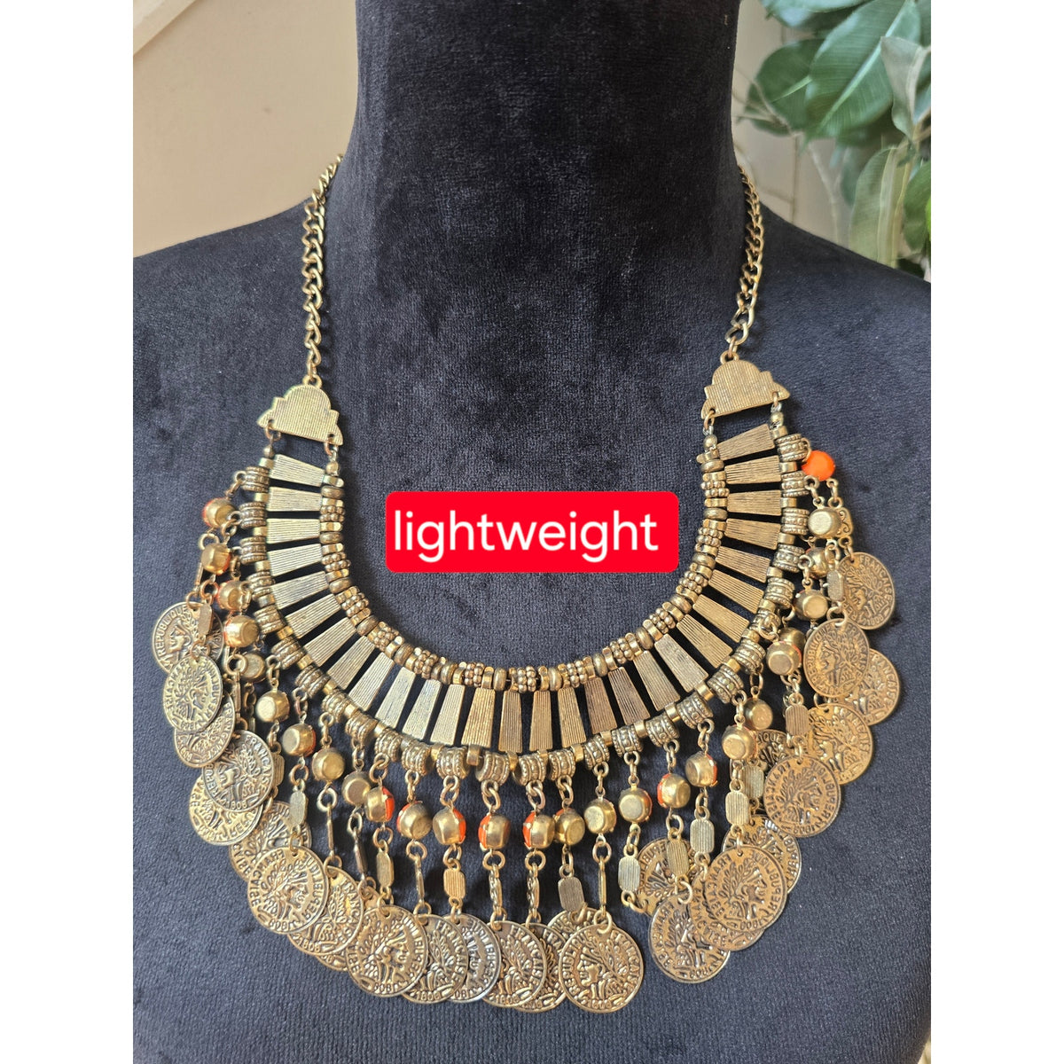 Lightweight Antique Gold Tone Orange Beaded Coin Bib Statement Necklace Boho