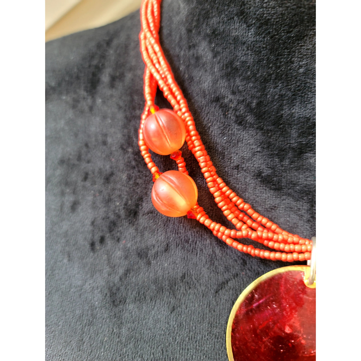Red Multi-Strand Seed Bead Necklace with Red Enamel Disc Pendant Statement