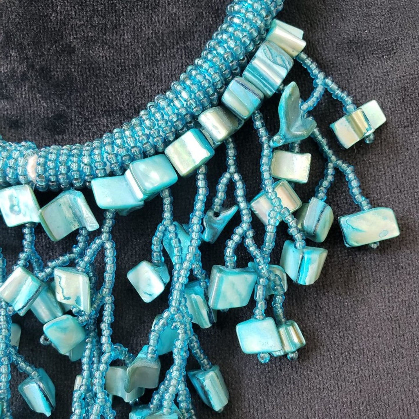 Womens Fashion Abalone Shell Glass Seed Beaded Fringe Statement Necklace