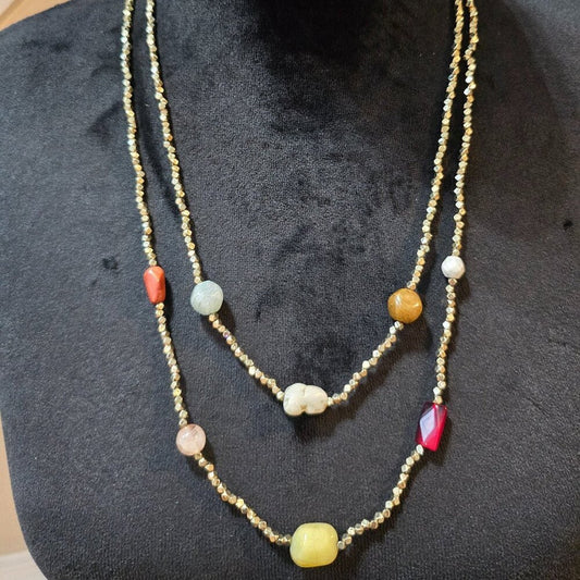 Womens Fashion Semi-Precious Stones Gold Accents Bead Two Strand Collar Necklace