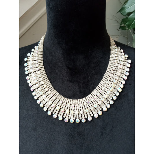 Silver Tone Crystal Bib Statement Necklace Multi Strand Bridal Formal Elegant