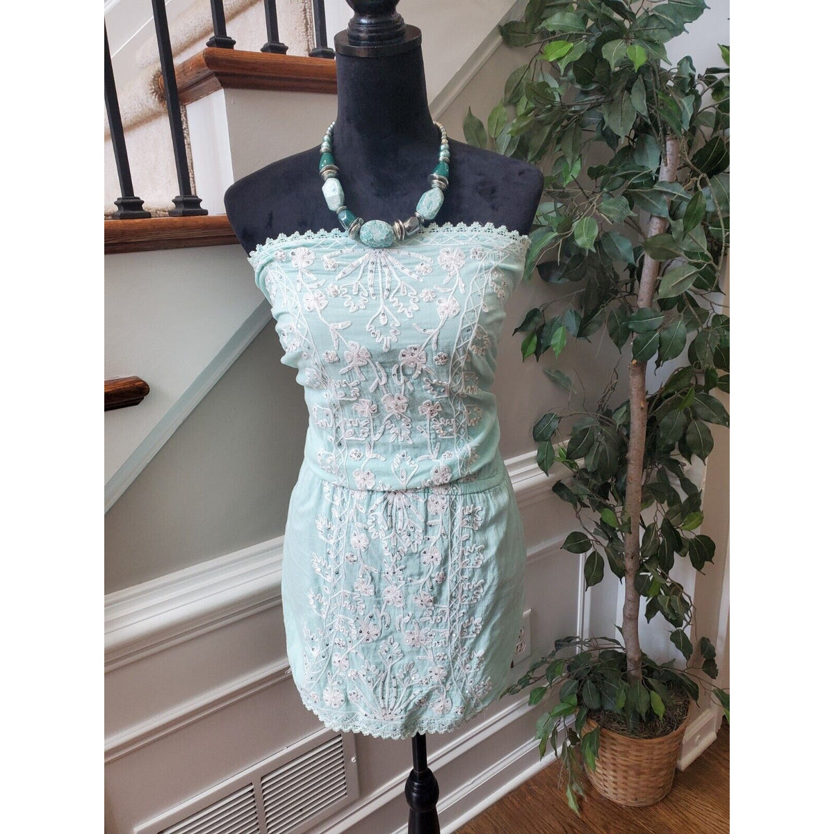 Sand & Spirit Womens Green Floral Polyester Off The Shoulder Knee Length Dress L