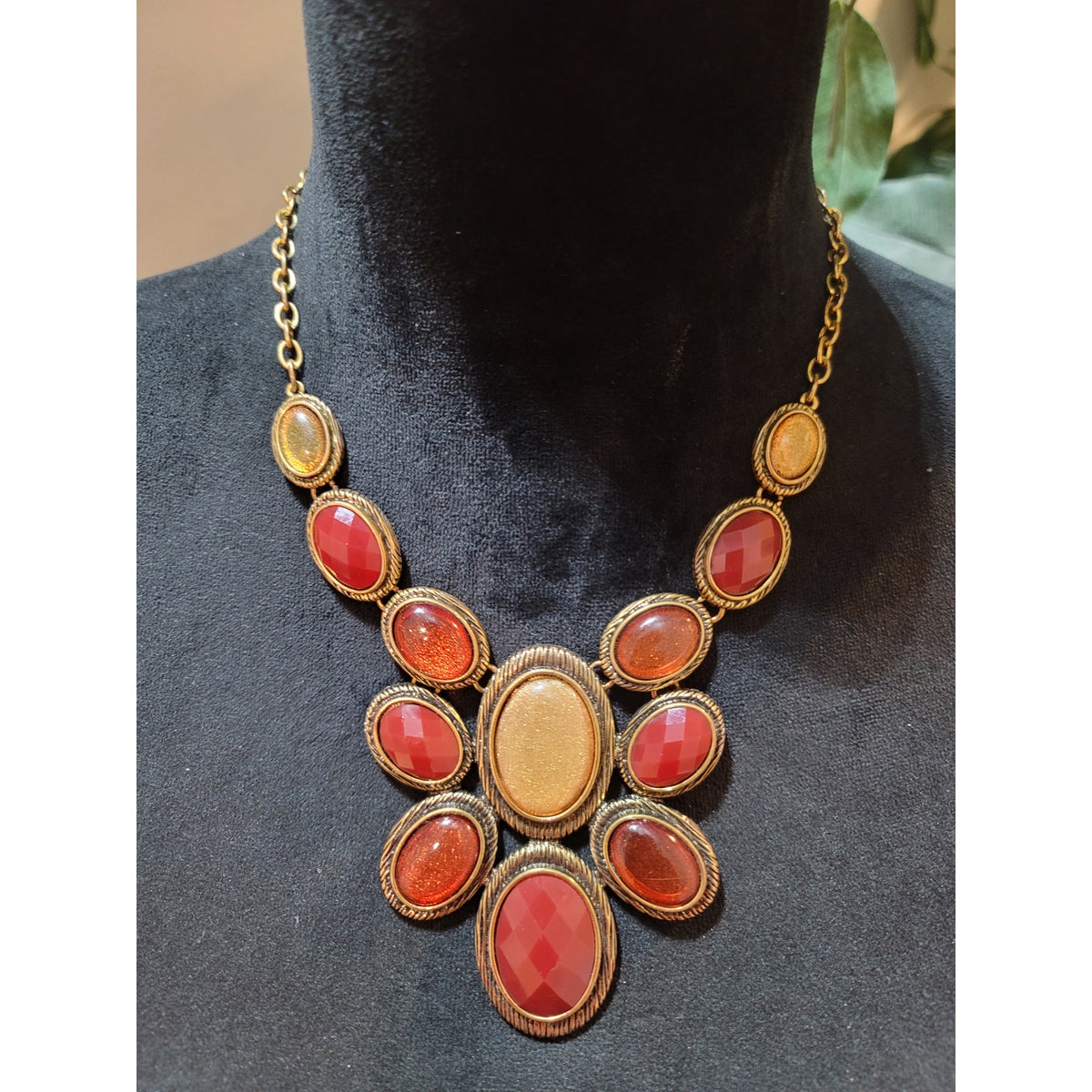Liz Claiborne Women's Gold Tone Red Gem Statement Necklace With Lobster Claw