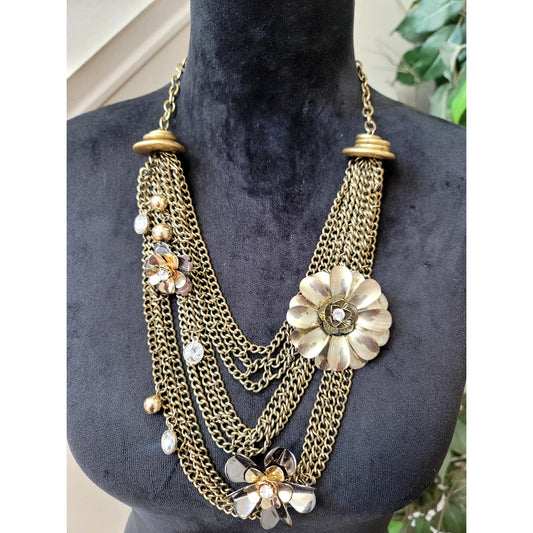 Gold Tone Multi-Chain Floral Statement Necklace Crystal Charm Layered Bib