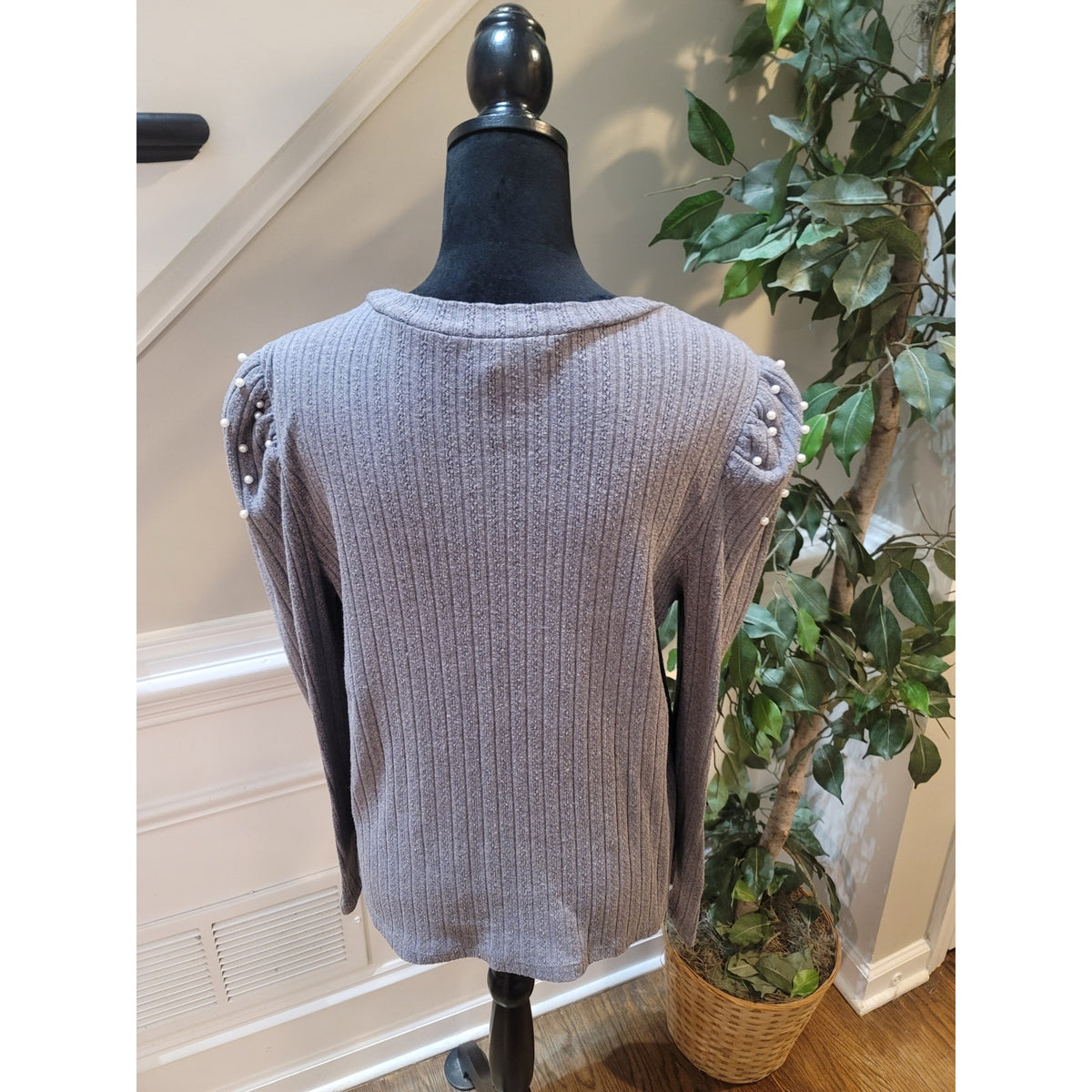 Design History Pullover Sweater Women's Large Gray Pearl Puff Shoulder Crew Neck