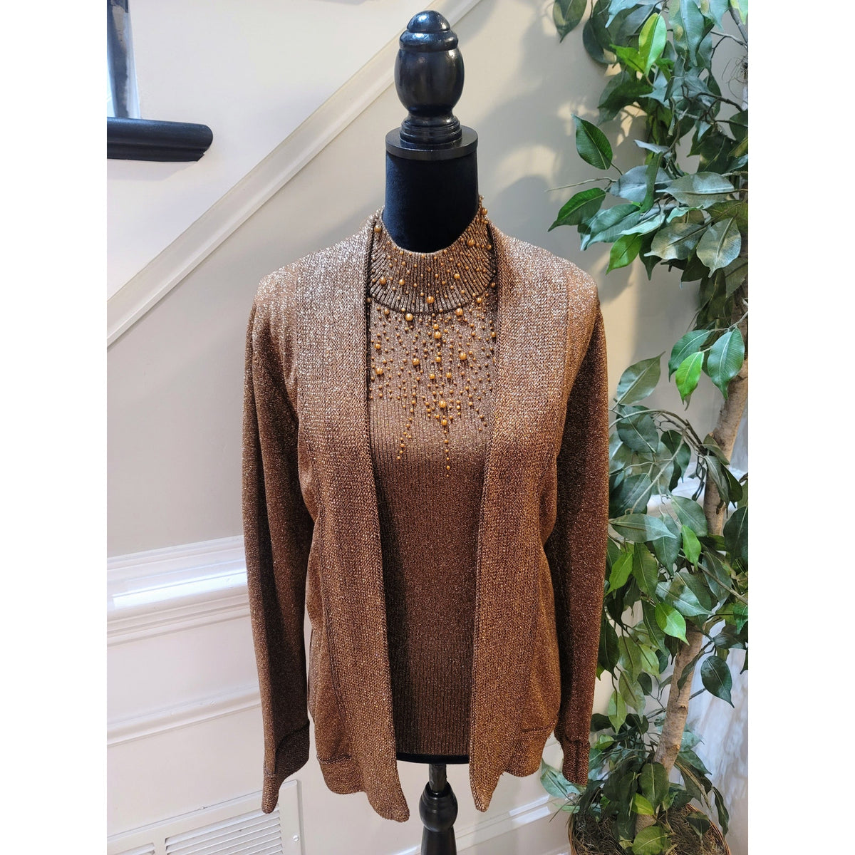 Investment 2 Pc Cardigan Sweater Women Medium Brown Ribbed Back Zipper Mock Neck