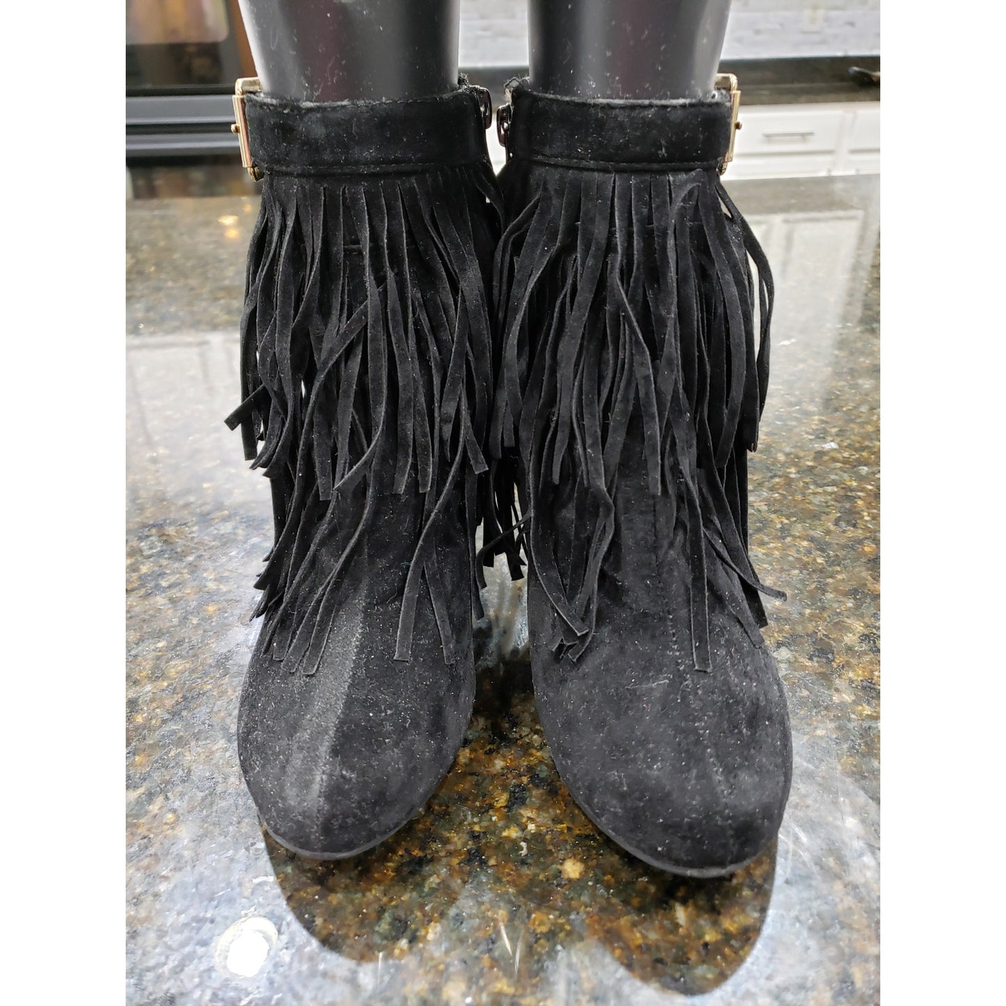 Forever Fringe Booties Women's 7.5 Black Suede Round Toe Stiletto Heel Side Zip