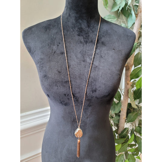 Women's Long Pendant Necklace With Lobster Clasp Brown Druzy Stone Tassel Chain