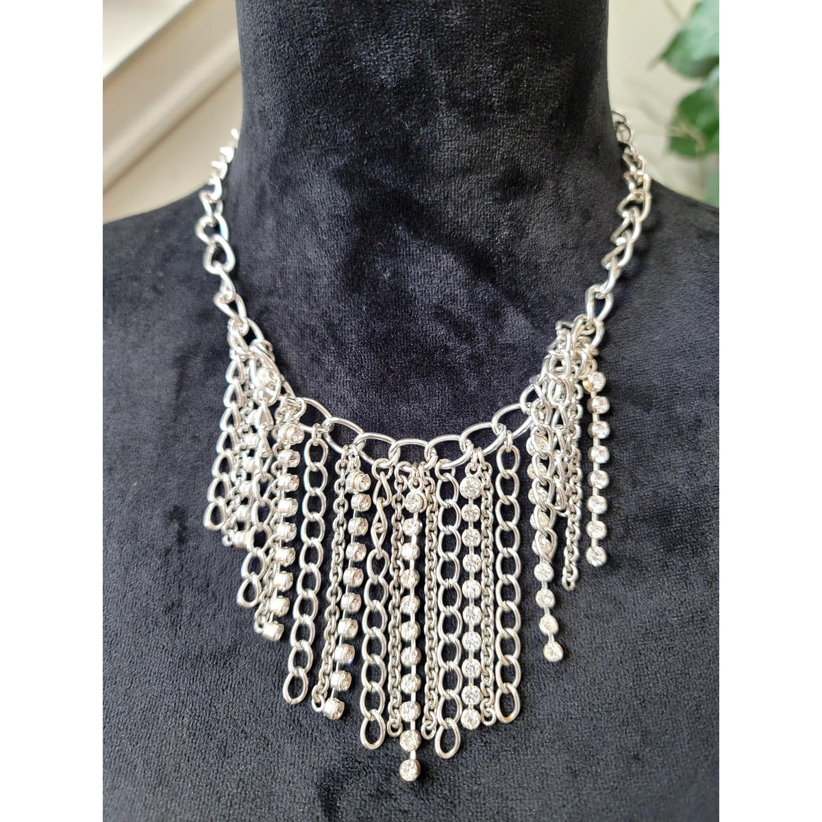Women's Silver Rhinestone Chain Fringe Statement Bib Necklace Fashion Jewelry