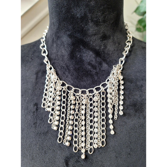 Women's Silver Rhinestone Chain Fringe Statement Bib Necklace Fashion Jewelry