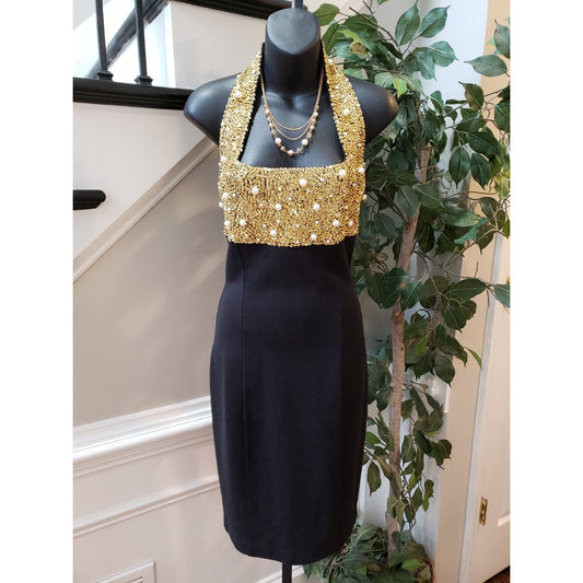 VTG Outlander Black Beaded Halter Neck Sleeveless Backless Knee Length Dress S