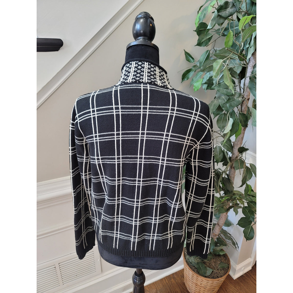 Talbots Cardigan Jacket Women's Small Black Plaid Full Zip Mock Neck Ribbed Hem