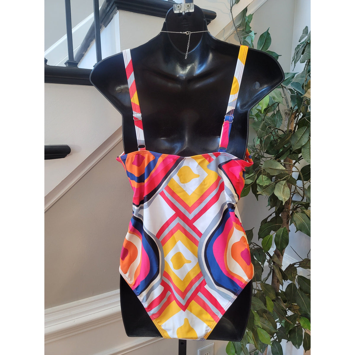 Cover Up Set Women's Large Multicolor Geometric Mesh Wrap Padded Bra Twist Knot