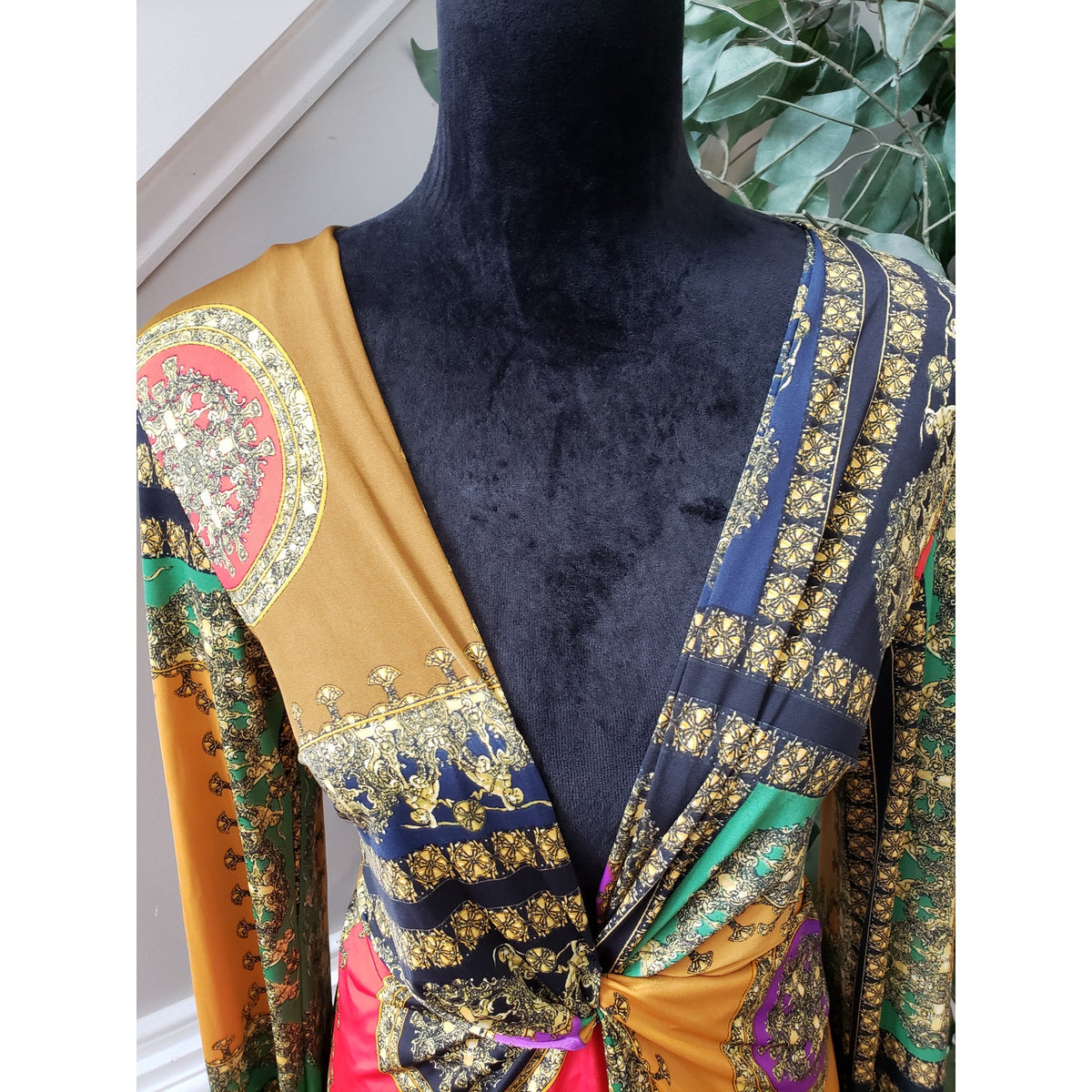 Fashion Nova Fit & Flare Dress Womens Large Multi Geometric Stretch Long Sleeve