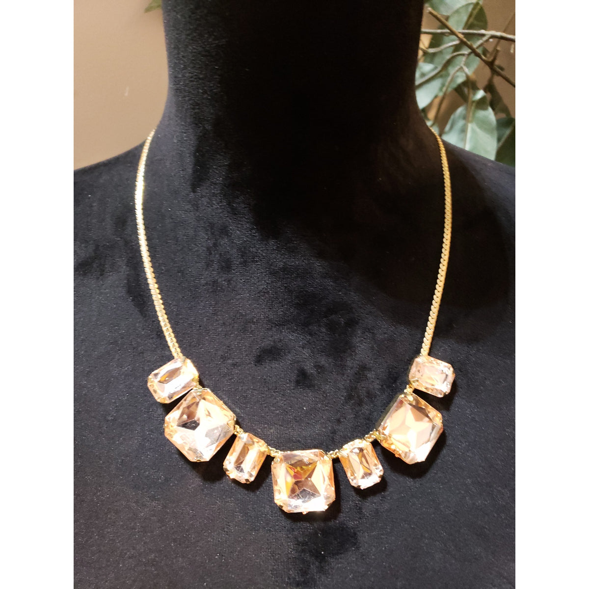 Womens Retro Glam Square Gold Tone w/Cut Crystals Necklace