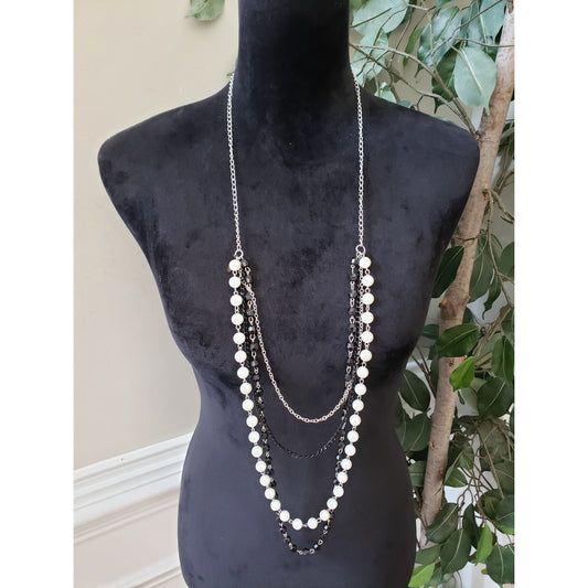 Women Two Tone Faux Pearls Faceted Round Beads Multi Strand Chains Long Necklace