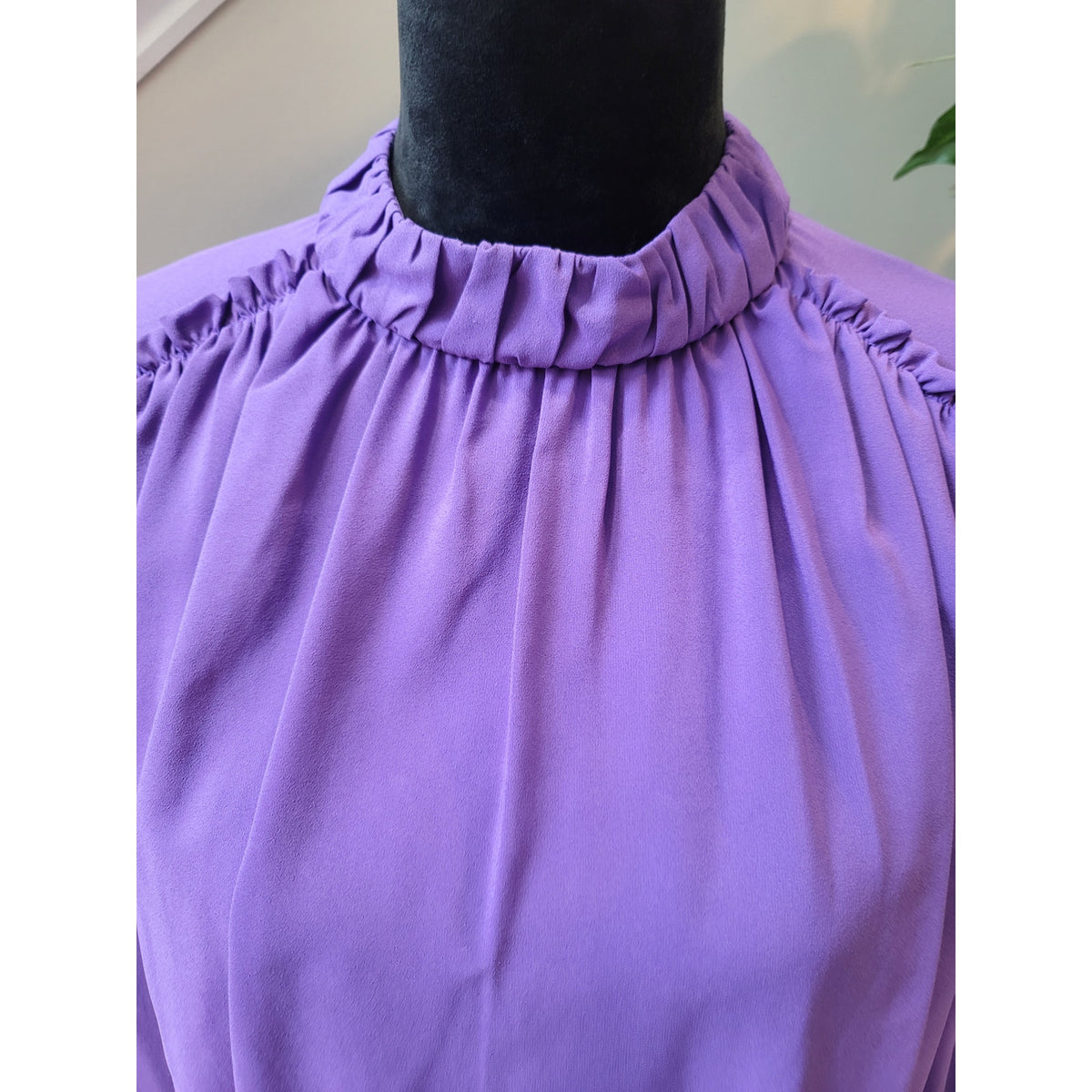 Fab'rik Blouse Small Purple Intricate Lace Trim Ruffle Mock Neck Casual Party