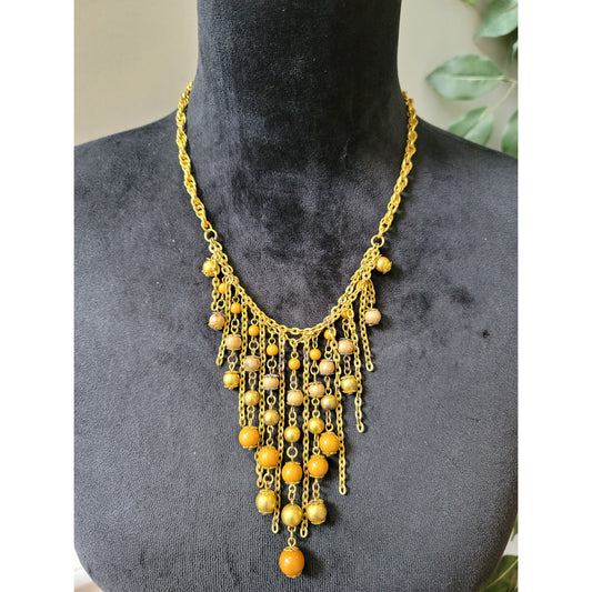 Women's Gold Beaded Bib Necklace with Lobster Clasp Layered Chain Design