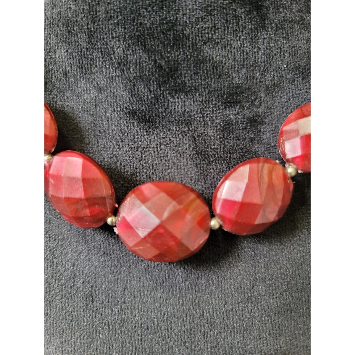 Women's Red Faceted Bead Necklace with Silver Spacers and Lobster Lock