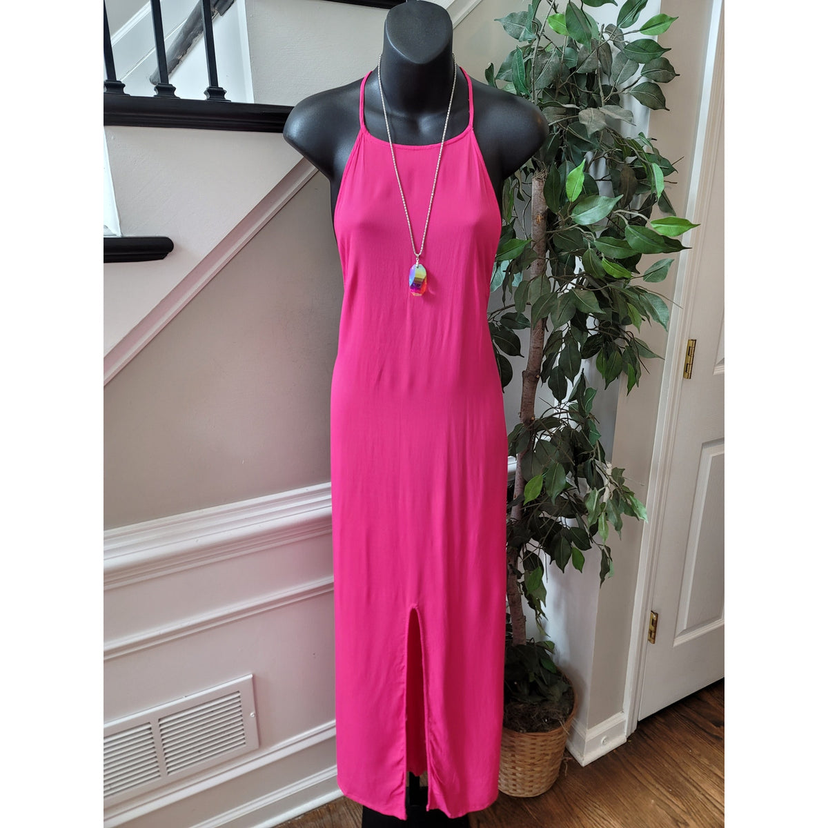 Asos Maxi Dress Women's 10 Hot Pink Halter Neck Side Slit Casual Party/Cocktail