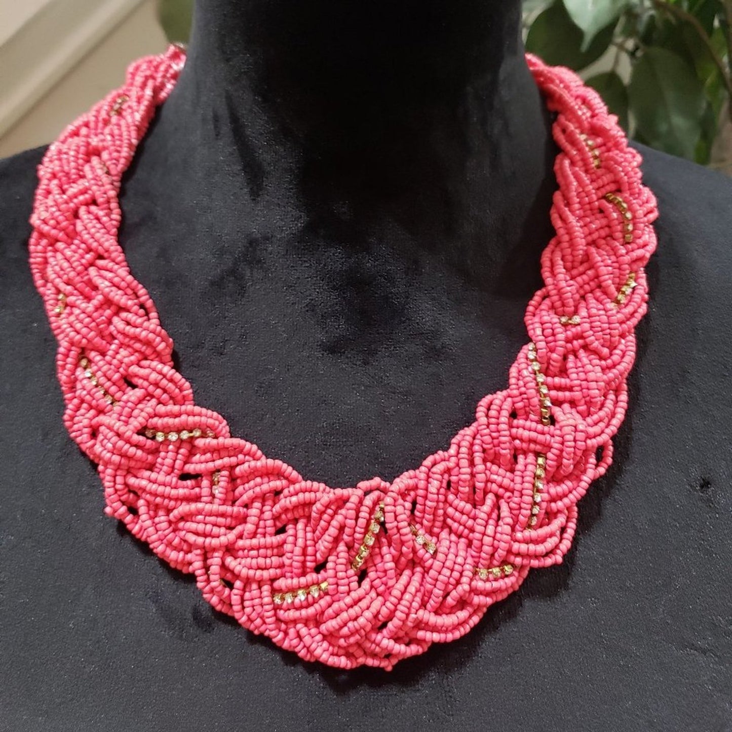 Women's Pink Multilayer Round Twisted Beaded with Lobster Clasp Necklace