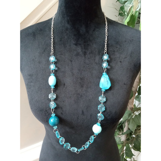 Long Turquoise Beaded Necklace Blue Glass Beads Silver Tone Boho Statement Set