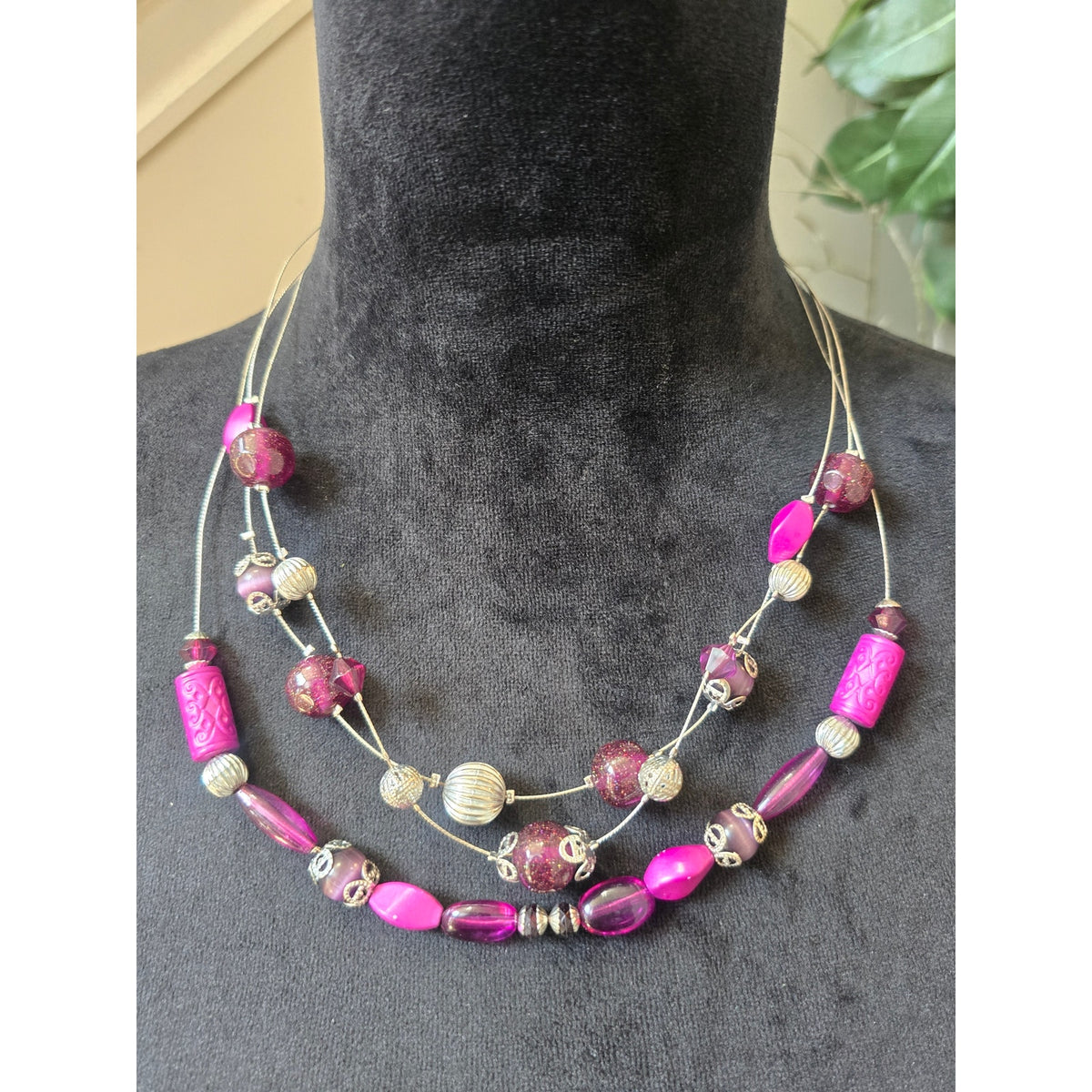 Hot Pink Fuchsia Multi Strand Layered Beaded Statement Necklace