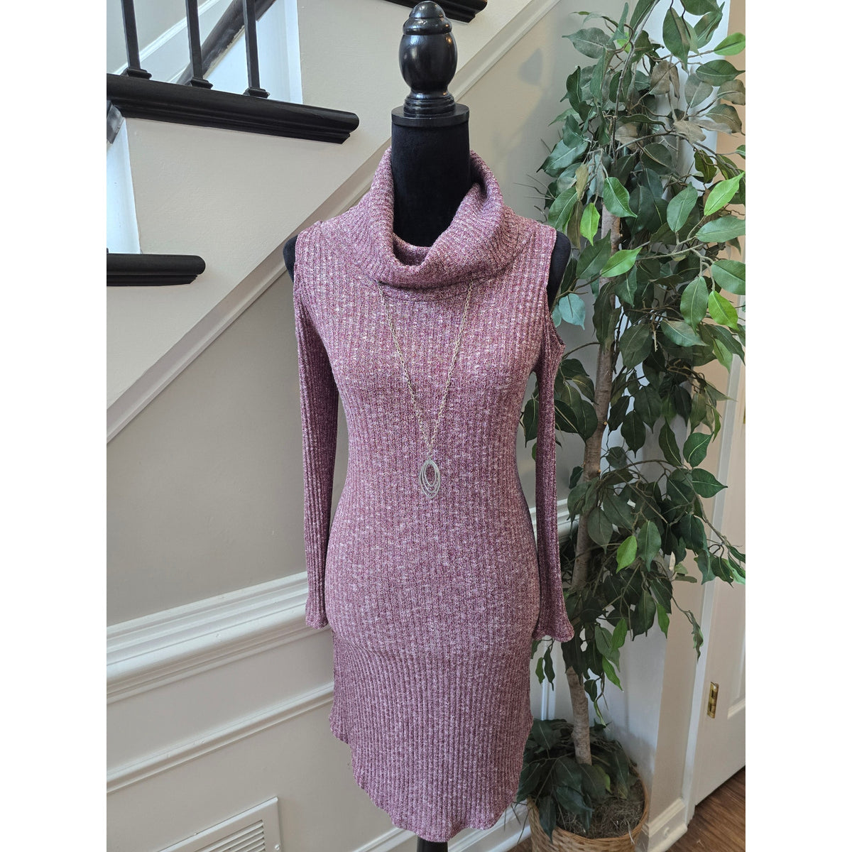 Love Kuza Sweater Dress M Mauve Ribbed Knit Cowl Neck Cold Shoulder Curved Hem