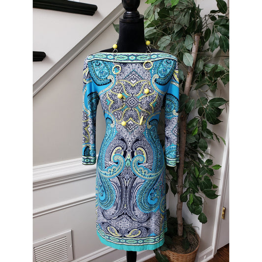 Sandra Darren Sheath Dress Women's Size 6 Blue & Yellow Paisley Print Round Neck