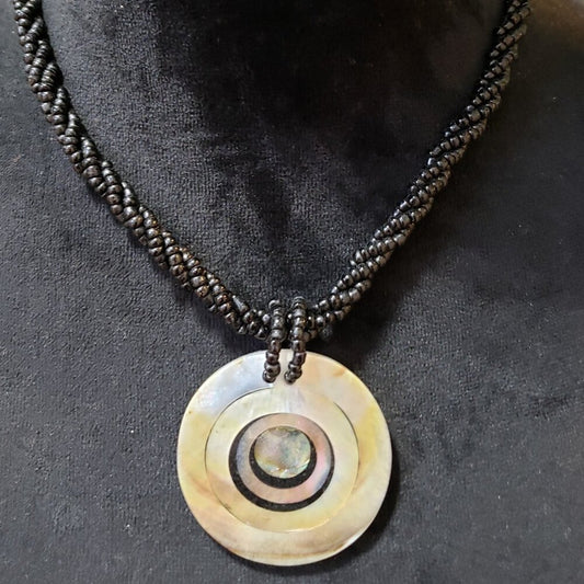 Womens White Mother of Pearl Circle Pendant Abalone Black Seed Bead Necklace