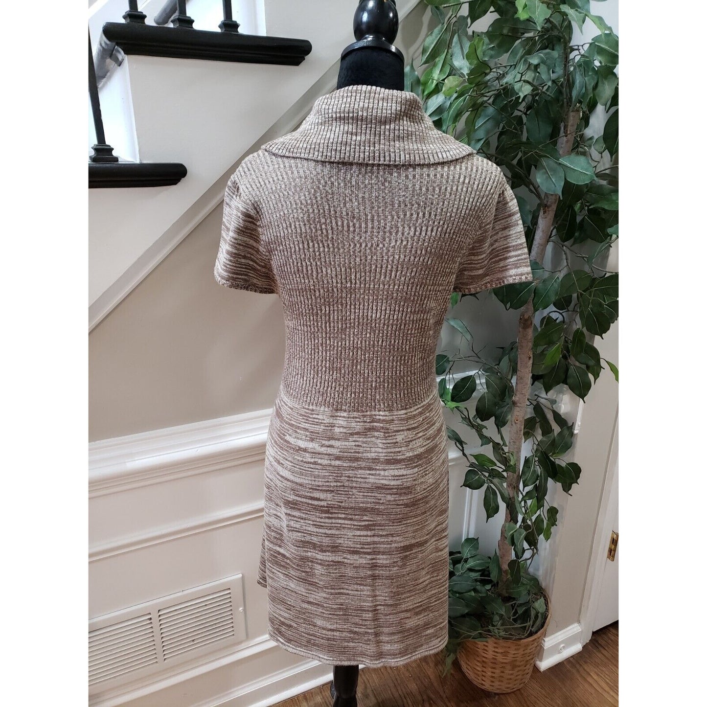 Calvin Klein Women's Beige Knit Space Dye Short Sleeve Cowl Neck Sweater Dress S