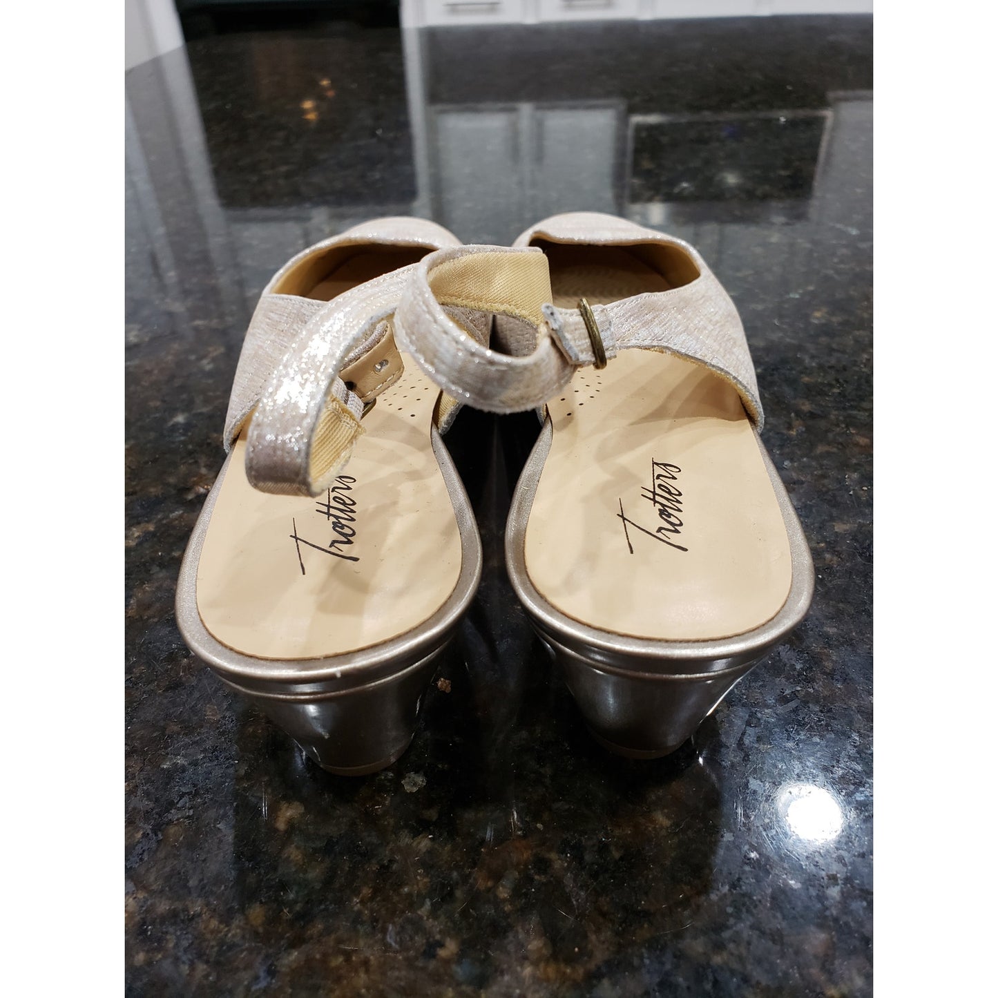 Trotters Lenore Pump Women Beige Leather Wedge Heel Adjustable Strap Buckle 12N