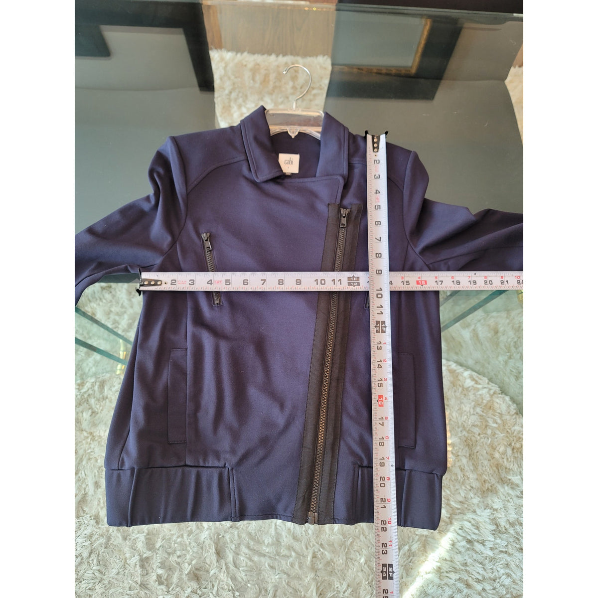 Cabi Moto Jacket Women's Small Navy Pleated Back Asymmetrical Zip Multi Pockets