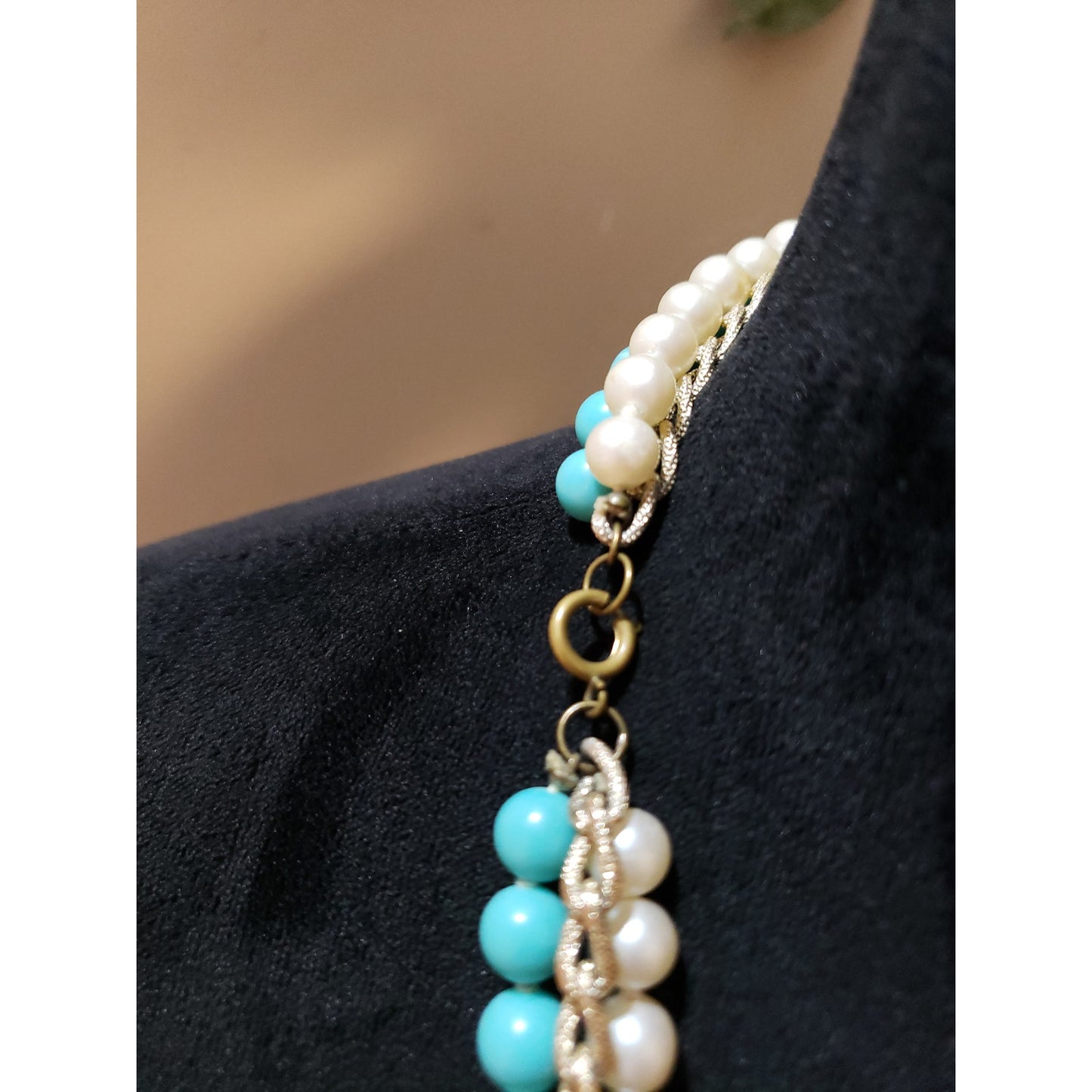Womens Fashion 3 Strand Blue Ivory Faux Pearl Beaded Curb Chain Necklace Jewelry