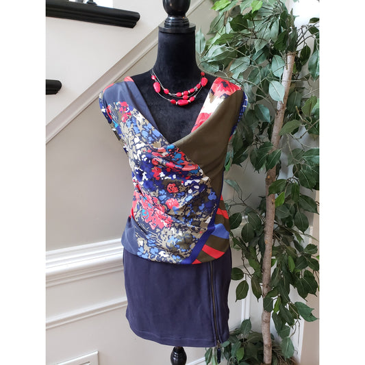 Dept Sheath Dress Womens Medium Multicolor Floral Sleeveless Cowl Neck Side Zip