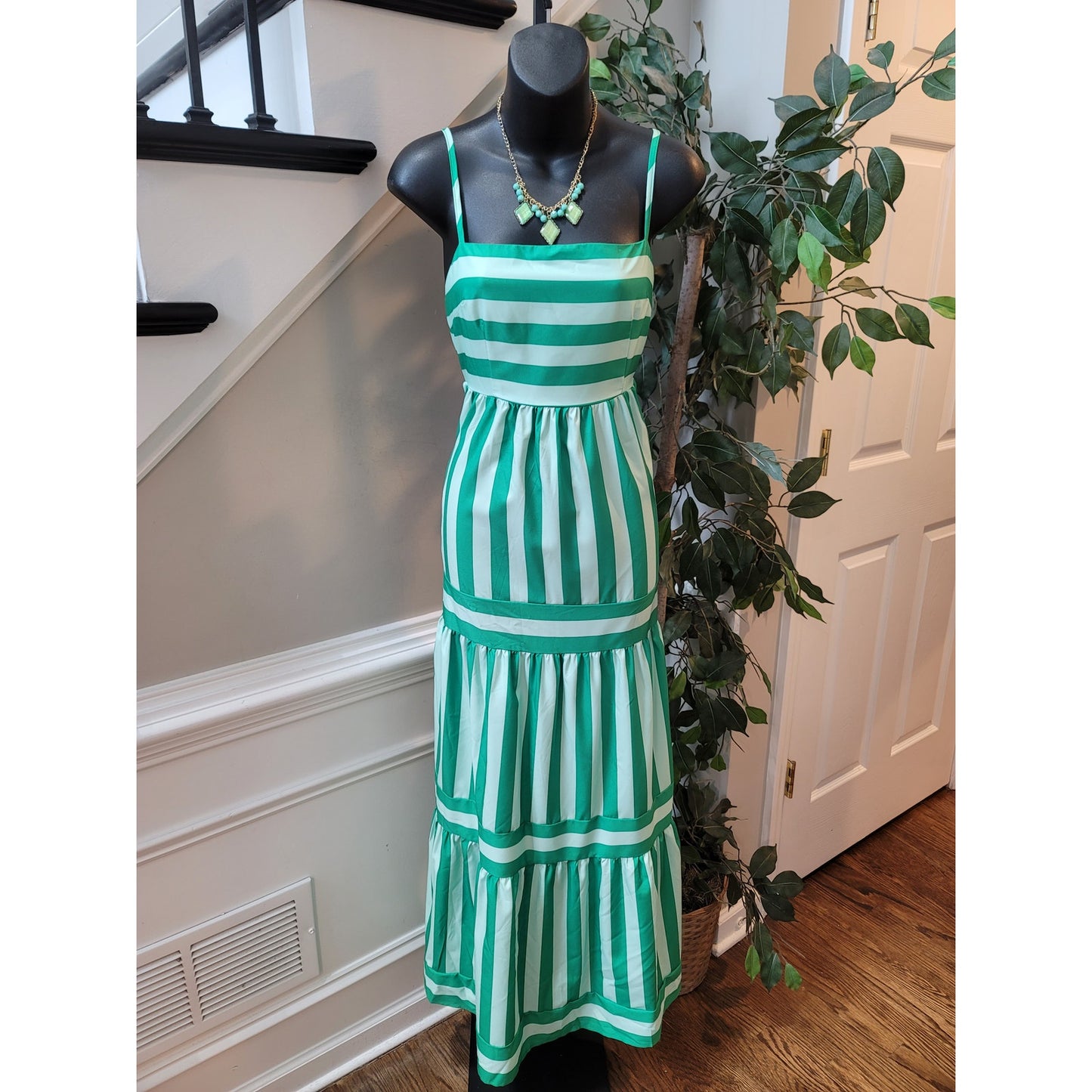 Boutique Maxi Dress Women Small Green White Striped Sleeveless Sundress