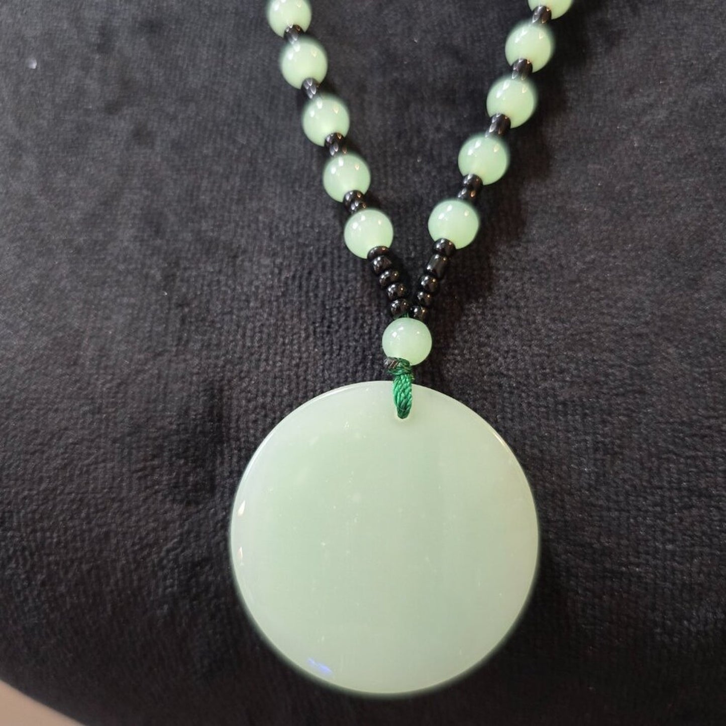 Womens Light Green Jade & Black Accents Seed Bead Pixiu Circle Pendant Necklace