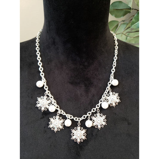 Silver Snowflake Charm Necklace with Faux Pearls and Crystals Adjustable Chain