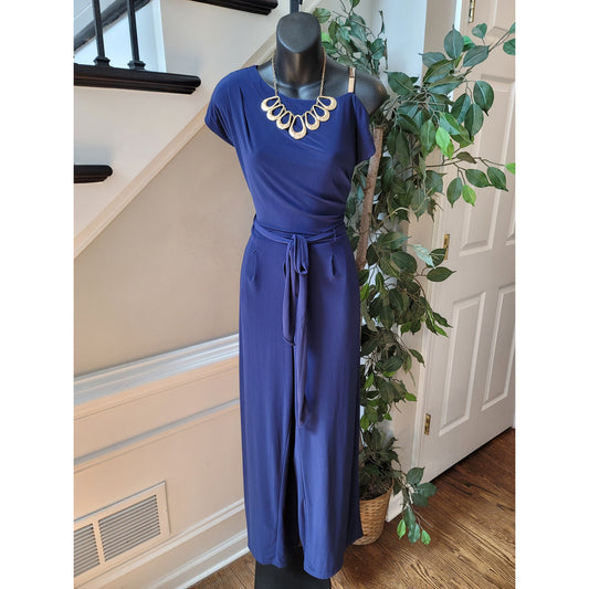 R and M Richards Jumpsuit Women Size 6 Blue One Shoulder Tie Waist Wide Leg