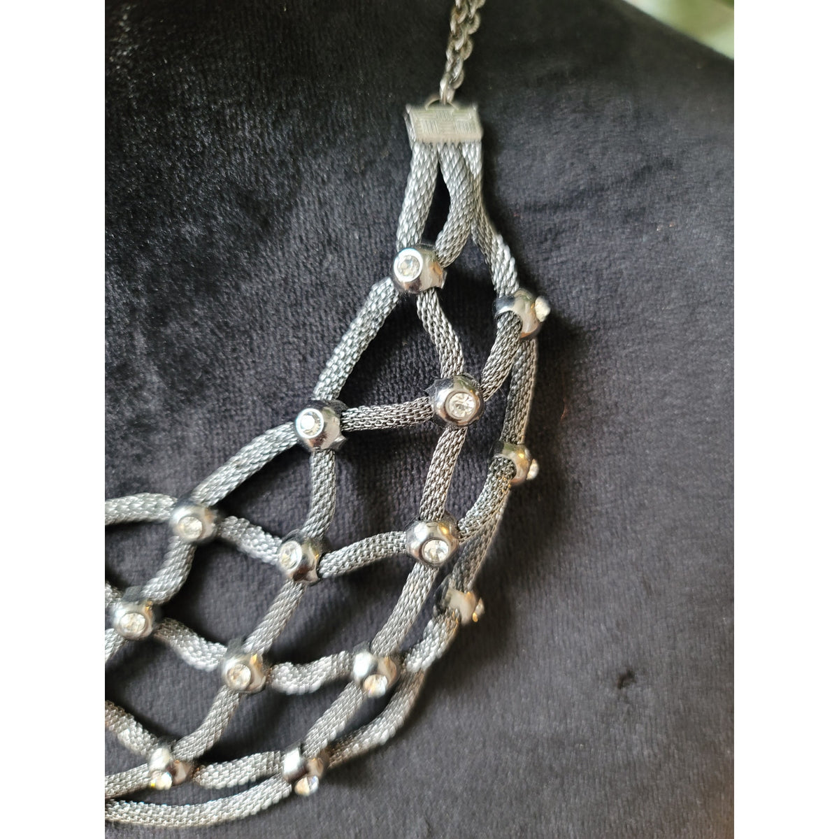 Serena Women's Silver Tone Mesh Net Bib Necklace With Rhinestone Accents