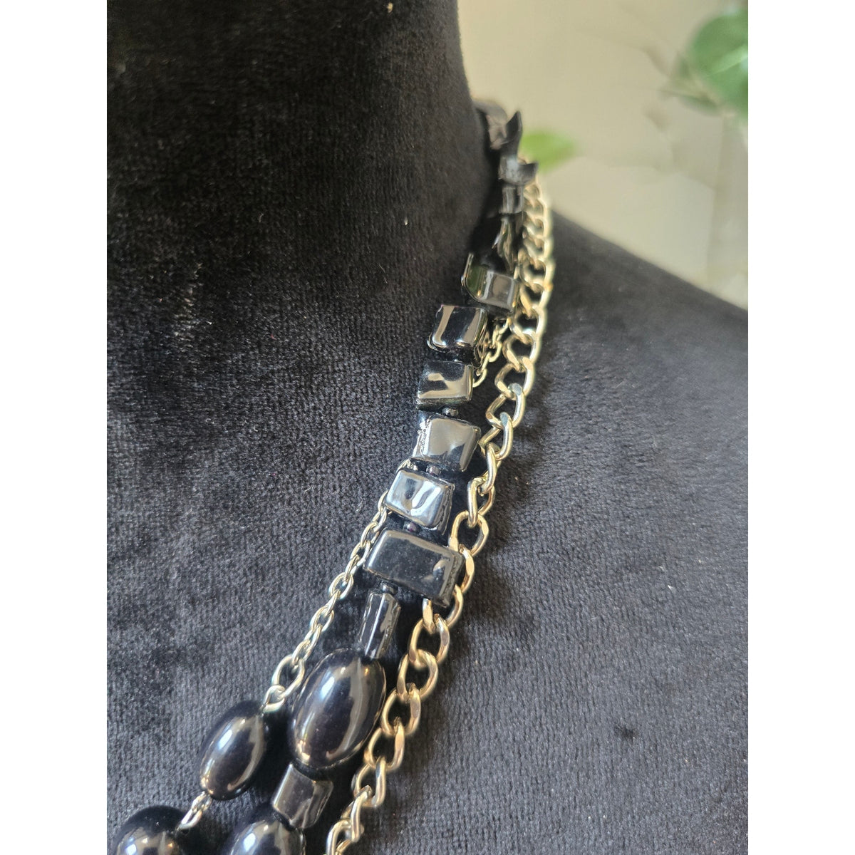 Black Gray Multi Strand Chain Beaded Statement Necklace