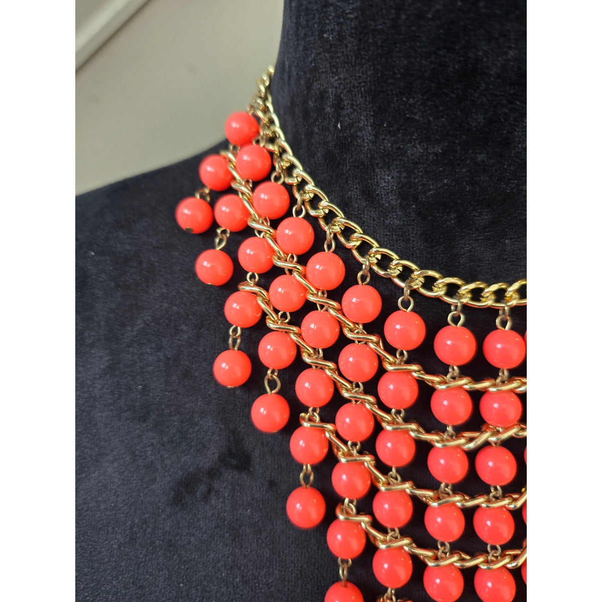 Orange Gold Multi Strand Beaded Statement Necklace