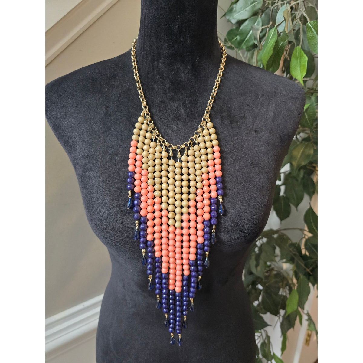 Peach Navy Beaded Waterfall Statement Necklace
