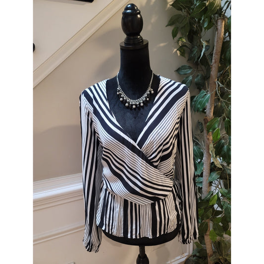 INC Blouse Women's Medium Black White Striped Long Sleeve Wrap Top Rayon