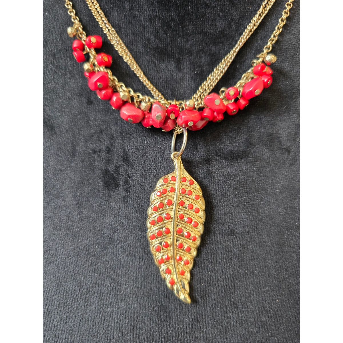 Red Beaded Gold Leaf Pendant Layered Necklace and Earring Set