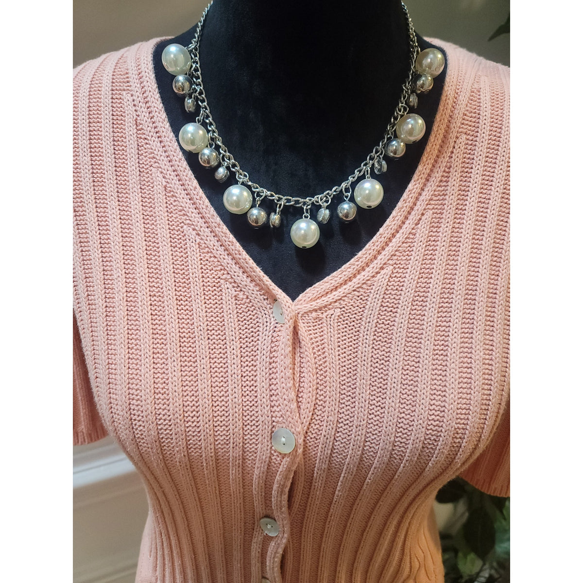 Van Heusen Cardigan Sweater Women Large Peach Ribbed Knit Button Up Short Sleeve