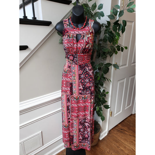 En Focus Long Maxi Dress Women Size 6 Red Geometric Print Halter Neck Sleeveless