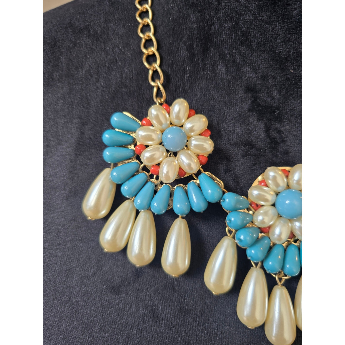 Turquoise Ivory Floral Bib Statement Necklace